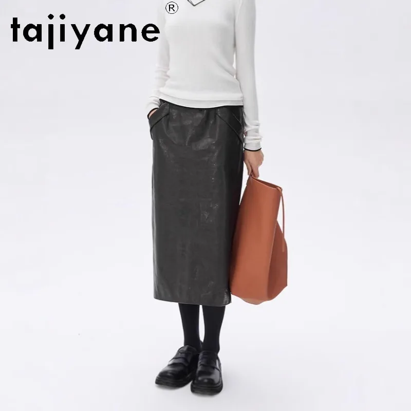 TAJIYANE Genuine Leather Skirt Oil Wax Vegetable Tanned Sheepskin Women's Skirts Straight Skirts for Woman Back Split Midi Skirt