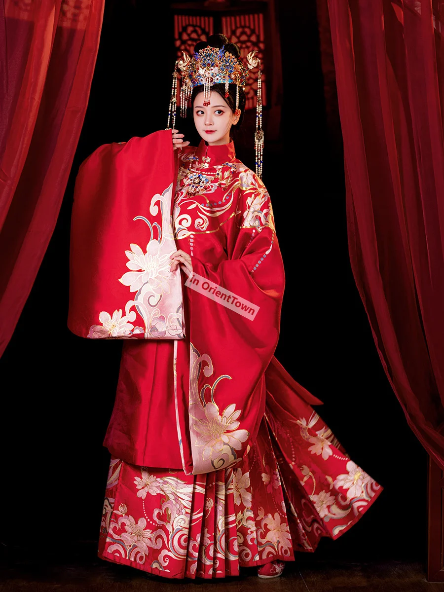 Men and Women Ming Dynasty Red Wedding Standard Hanfu Bride Long Coat + Horse Face Skirt Groom Round Neck Overcoat + Gown Robe