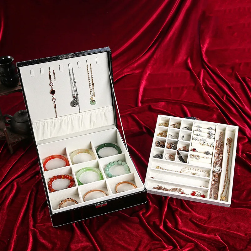 Leather Jewelry Storage Box Women's Necklaces Bracelets Storage Boxes Portable Earring Ring Container Multi-layer Jewelry Case