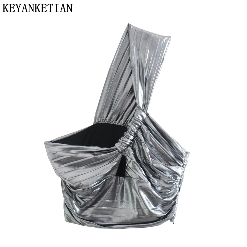 KEYANKETIAN 2022 Summer New Metal Texture Asymmetric Sloping Shoulder Y2k Crop Top Ladies Corset Sling Crop Top