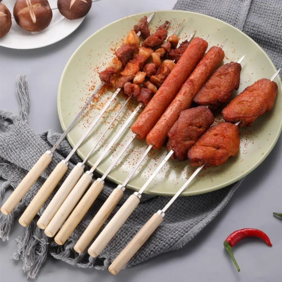 6pcs stainless steel barbecue skewers recyclable barbecue needles wooden handles lamb vegetable skewers Kitchen tool