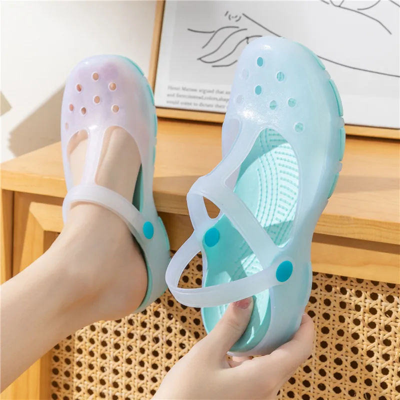 36-40 Womens Mules & Clogs Female Jelly Sandals Summer Flat Heel Print Fashion Non-slip Beach Slippers Ladies Garden Shoes