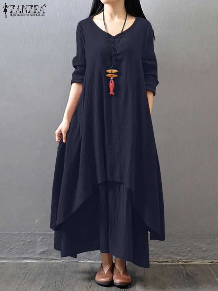 ZANZEA ฤดูใบไม้ร่วง Vintage V คอยาวแขนยาวผู้หญิงลําลอง Sundress 2024 Solid Double Layered Hem ยาว Vestido Robe Femme