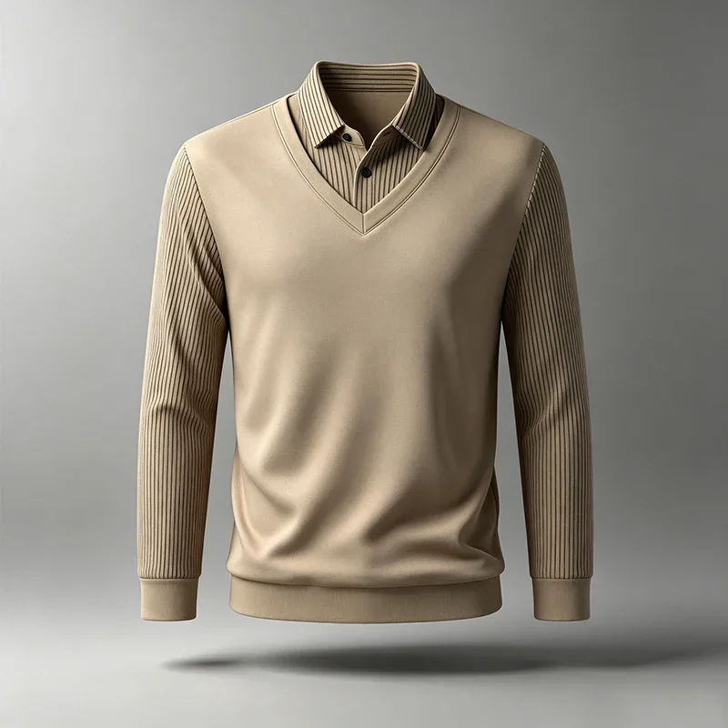 Camisa de Hombre Estilo Casual de Negocios, Diseño de Dos Piezas Falsas, Cuello Camisero, Cuello en V, Manga Larga Acanalada, Ideal para Viajes, Compras y Atuendos Urbanos Diarios