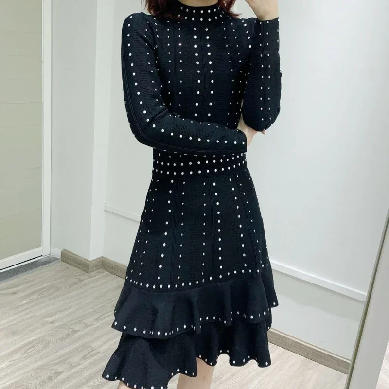 

Women's Slim Knitted Dresses Elegant Diamonds Fashion Evening Party Long Sleeve Dresses