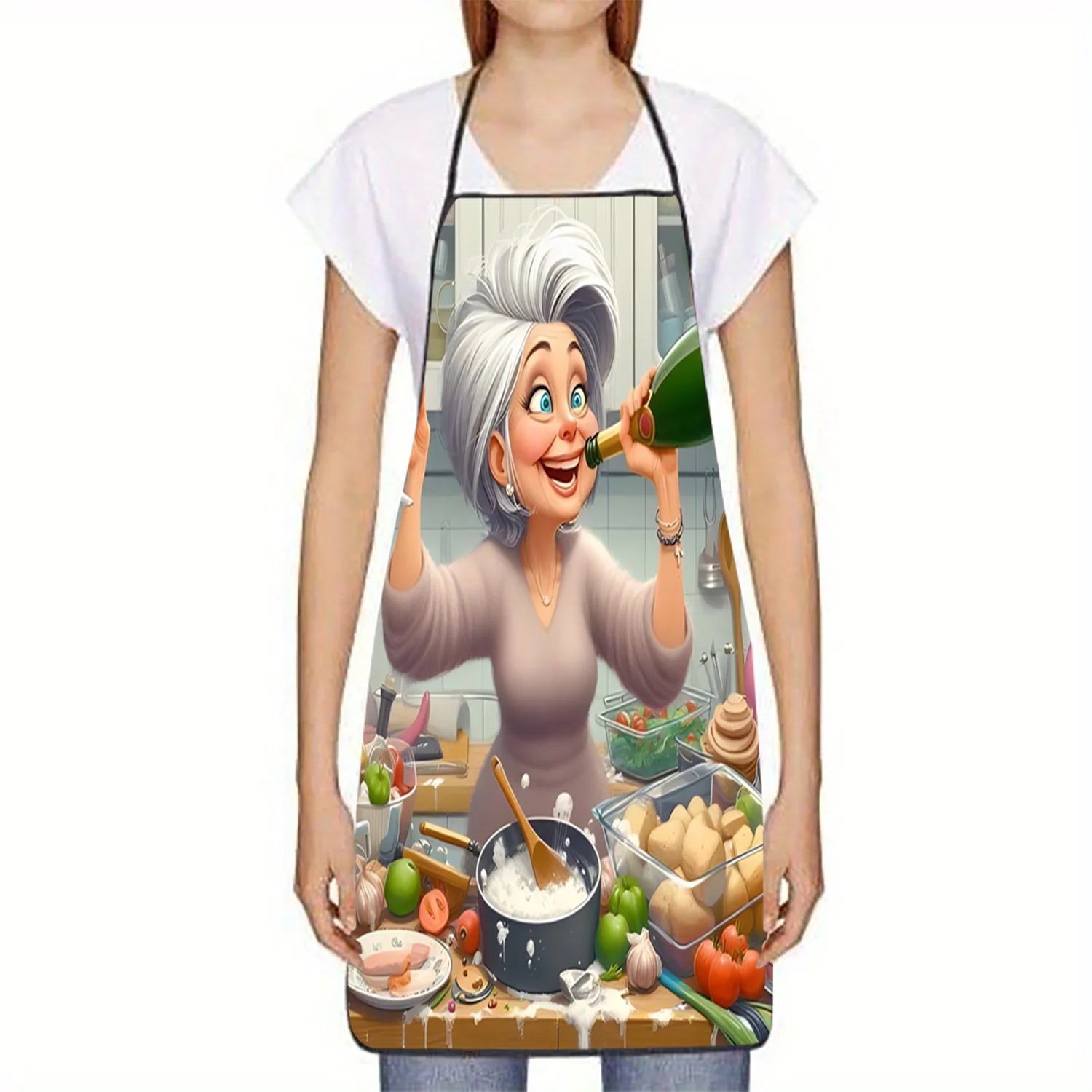 Cute Grandma Cooking Apron, Elderly Lady Chef Pouring Wine Graphic Bib, Fun Kitchen Decor, Gift for Mom Women