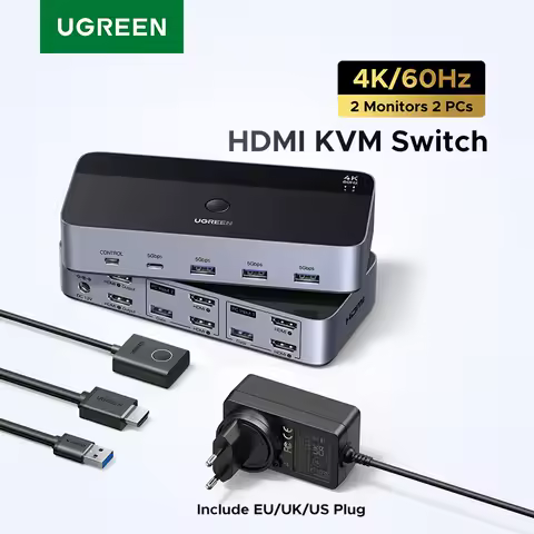 UGREEN dual-monitor HDMI KVM switch for 2 PCs — Best overall dual-monitor desk pick