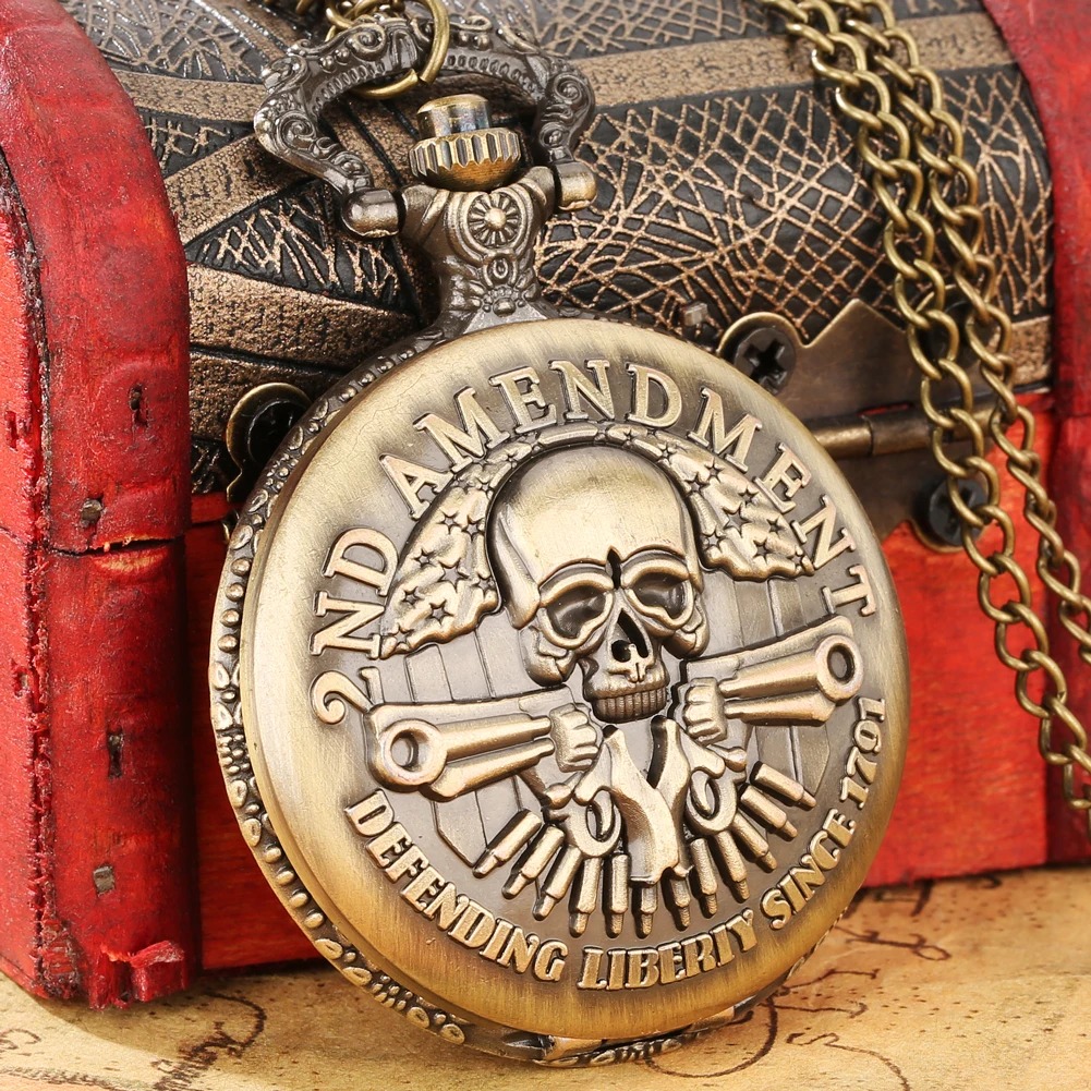 Mens Watch Retro Gun Skull DEFENDING LIBERTY SINCE 1791 2nd AMENDMENT MILITARY Quartz Necklace Chain Pendant Chain Pocket Watch