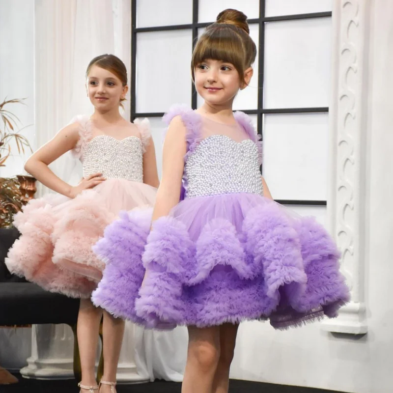 

Purple Flower Girl Dresses Tulle Puffy Tiered Pearls With Bow Sleeveless For Wedding Birthday Party Banquet Princess Gown