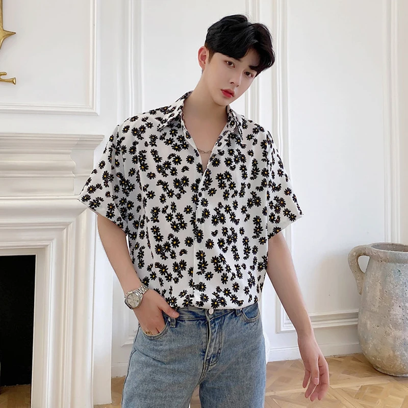 

Summer Sle Men's ort Sve irt Casual Daisy Print Korean Version Thin Draped irt Trendy Youth Stand Fit Iron ...
