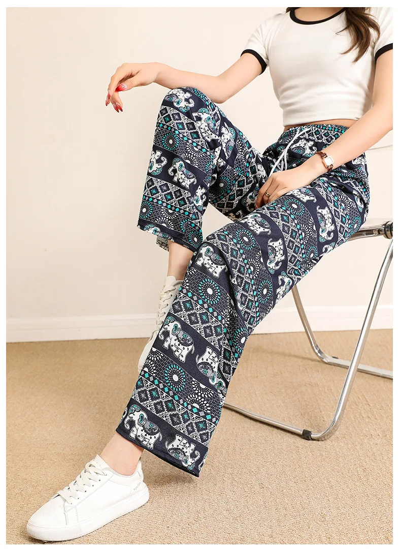 Neue Mode Lässig Hohe Taille Gerade Druck Lose Fit Flache Elastische Taille Kordelzug Bodenlangen Hosen Für Frauen, 9 farben