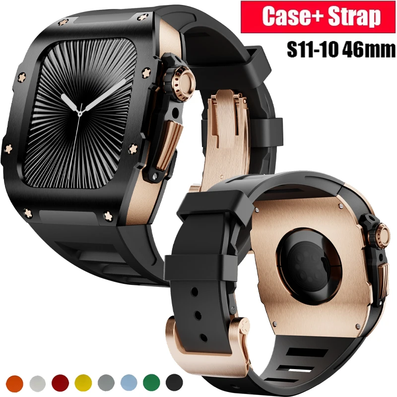 

Роскошный резиновый комплект модификации для Apple Watch 11, силиконовый спортивный ремешок 46 мм + чехол из нержавеющей стали для Iwatch Series10, ремешок 46 мм