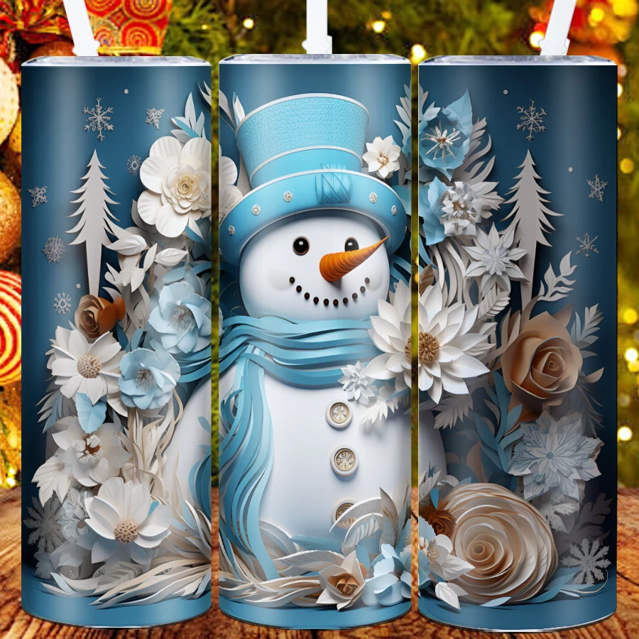 Merry Christmas Coffee Mugs Straw Lid 1Pc 20oz Stainless Steel Hot Cold Insulated Cups 3D Print Snowman Christmas Party Gifts