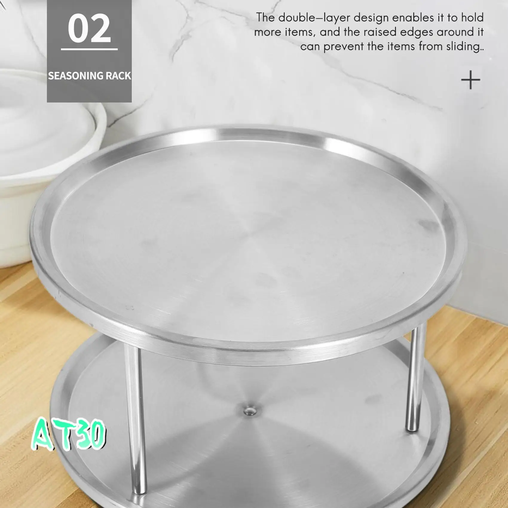 

Spice Rack Stainless Steel Organizer Tray 360 Degree Turntable Rotating 2 Stand For Dining Table Kitchen Counters Cabinets-AT30