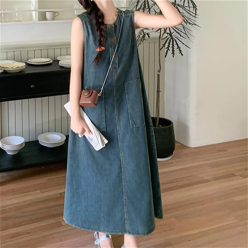 

Women Denim Dresses Solid Dress A Line Pocket Button Round Neck Sleeveless Ankle Length Non Strech Casual Loose Fit 2026 Summer