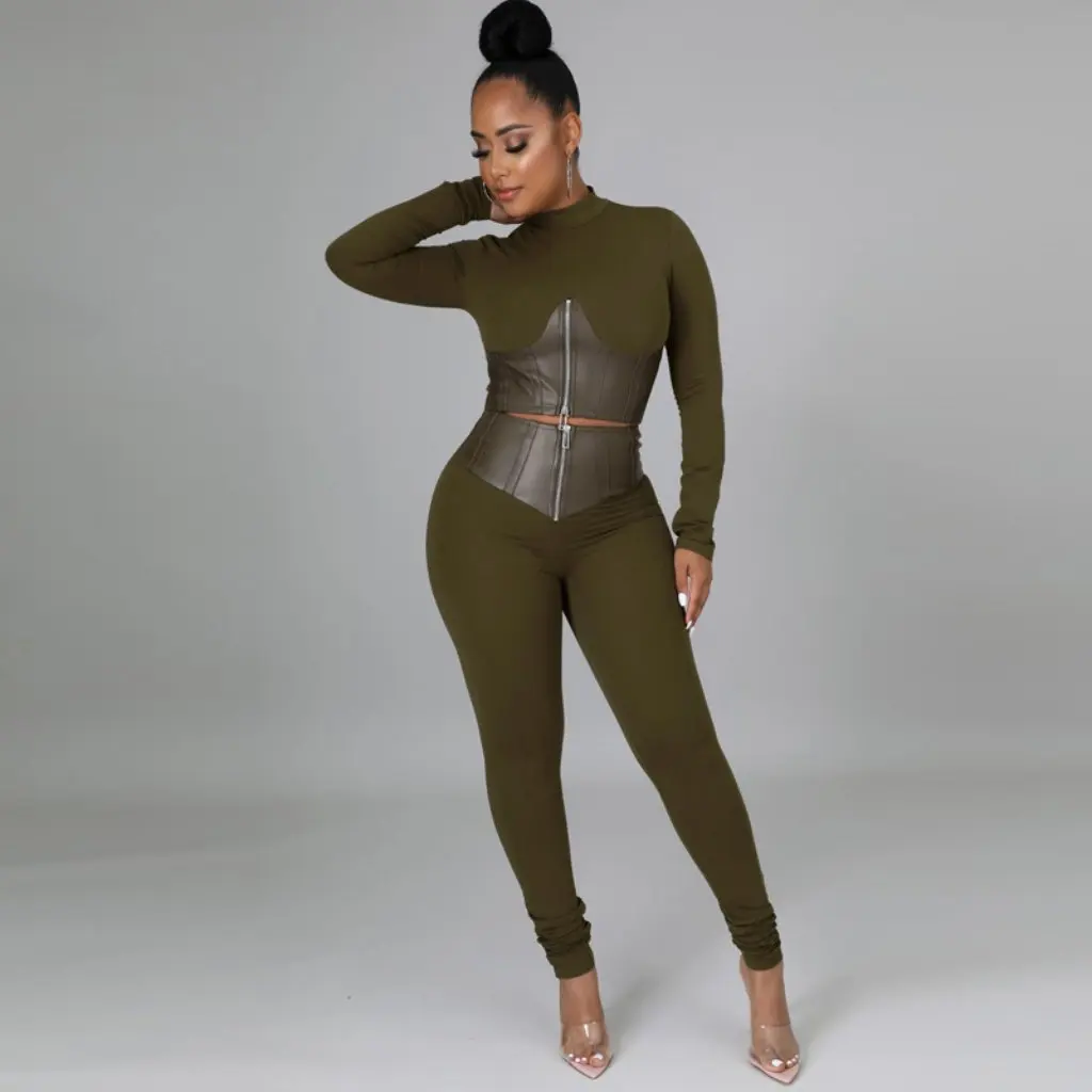 

Женский осенне-зимний повседневный флокированный кожаный комплект из топа и брюк-карандаш с воротником-молнией, комплект из двух предметов