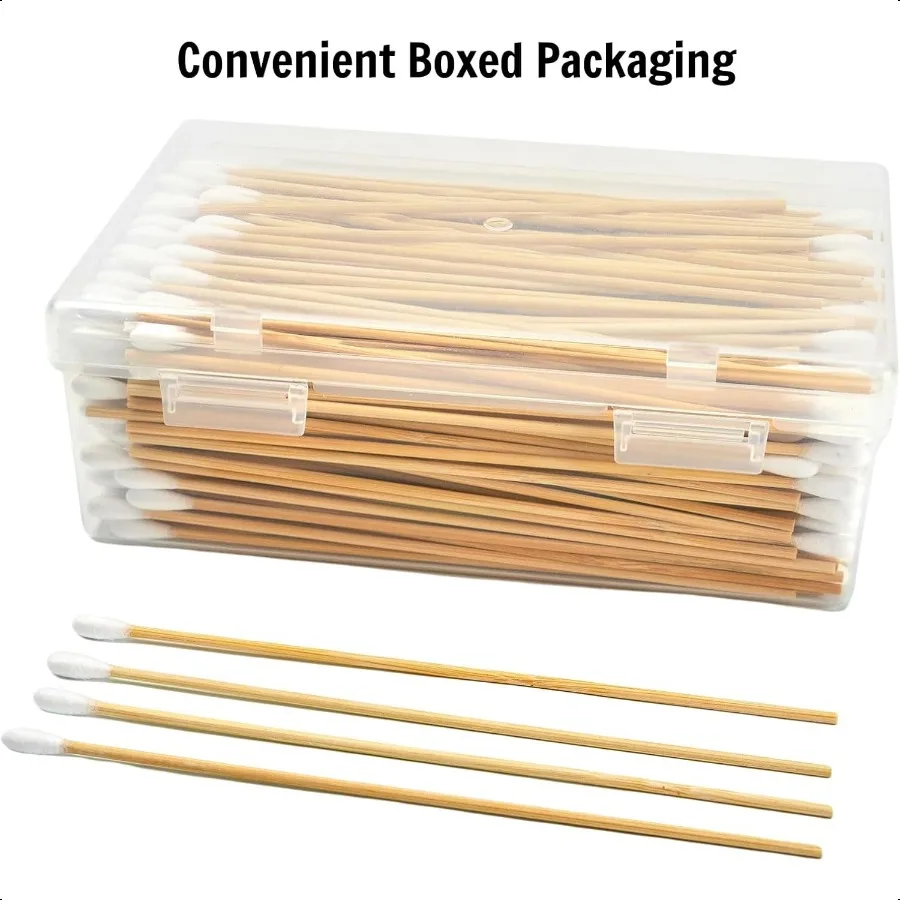 400 pçs 6 Polegada cotonetes de algodão longo na caixa de armazenamento cotonetes com varas de madeira sem fiapos altamente absorvente aplic de ponta única
