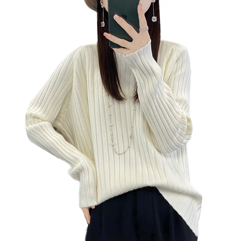 

Casual Knitted Pullover Women Half Turtleneck Sweater Coat Spring Autumn New Fashion Long Sleeve Knitwear Loose Ladies Tops B406