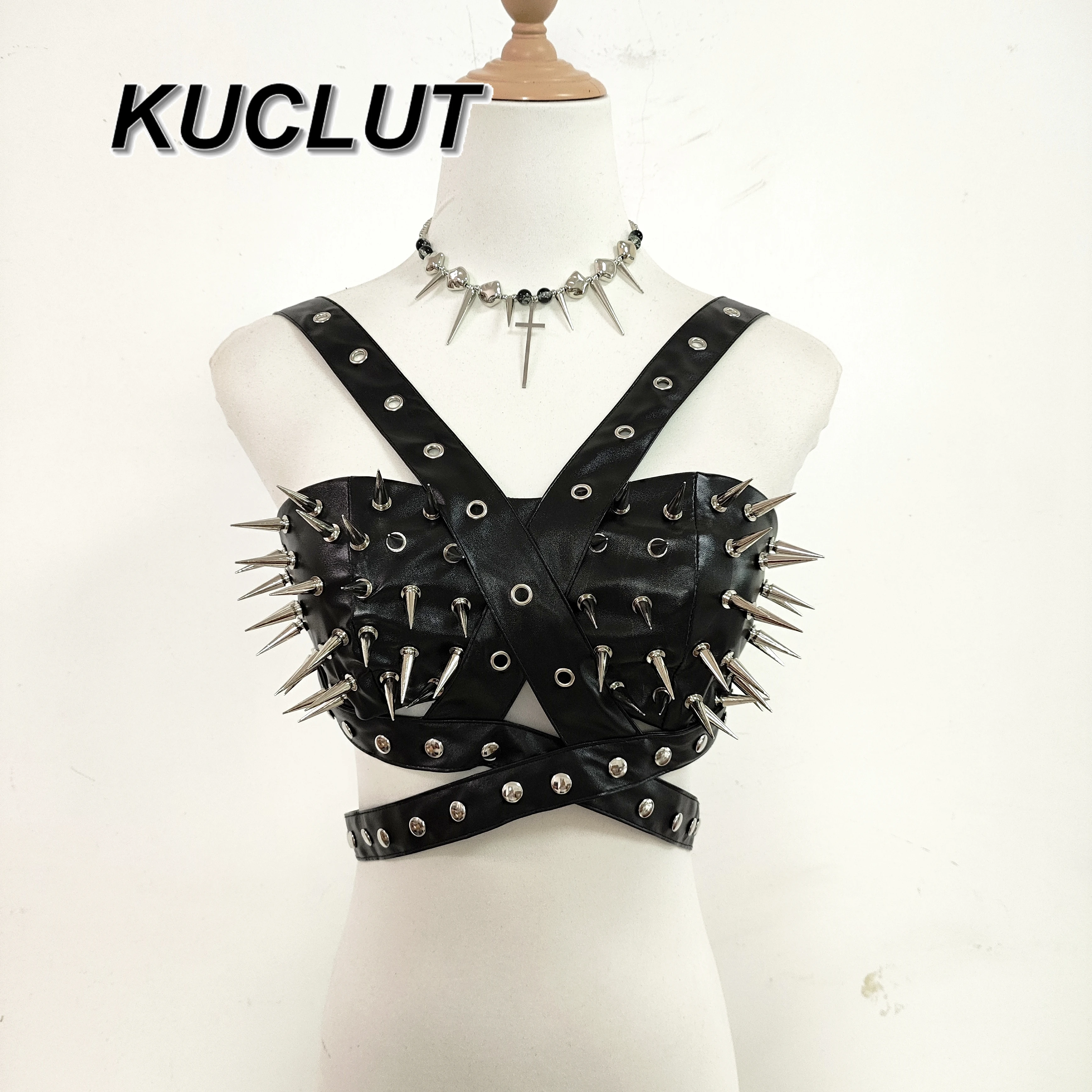 

Girls High Street Rock PU Leather Tube Top Goth Punk Style Rivet PU Leather Sling Vest Sexy Fashion Women's Tops Summer