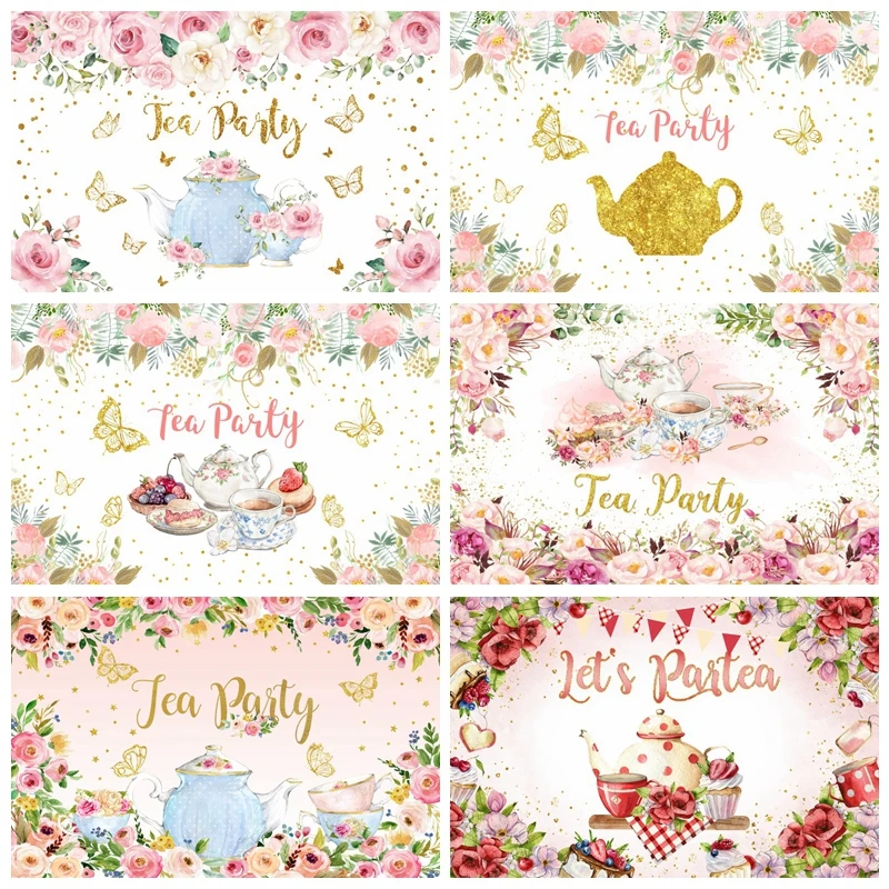 

Let's Partea Tea Party Backdrop Photography Floral Baby Shower Birthday Background for Women Photo Studio Booth Photocall Props