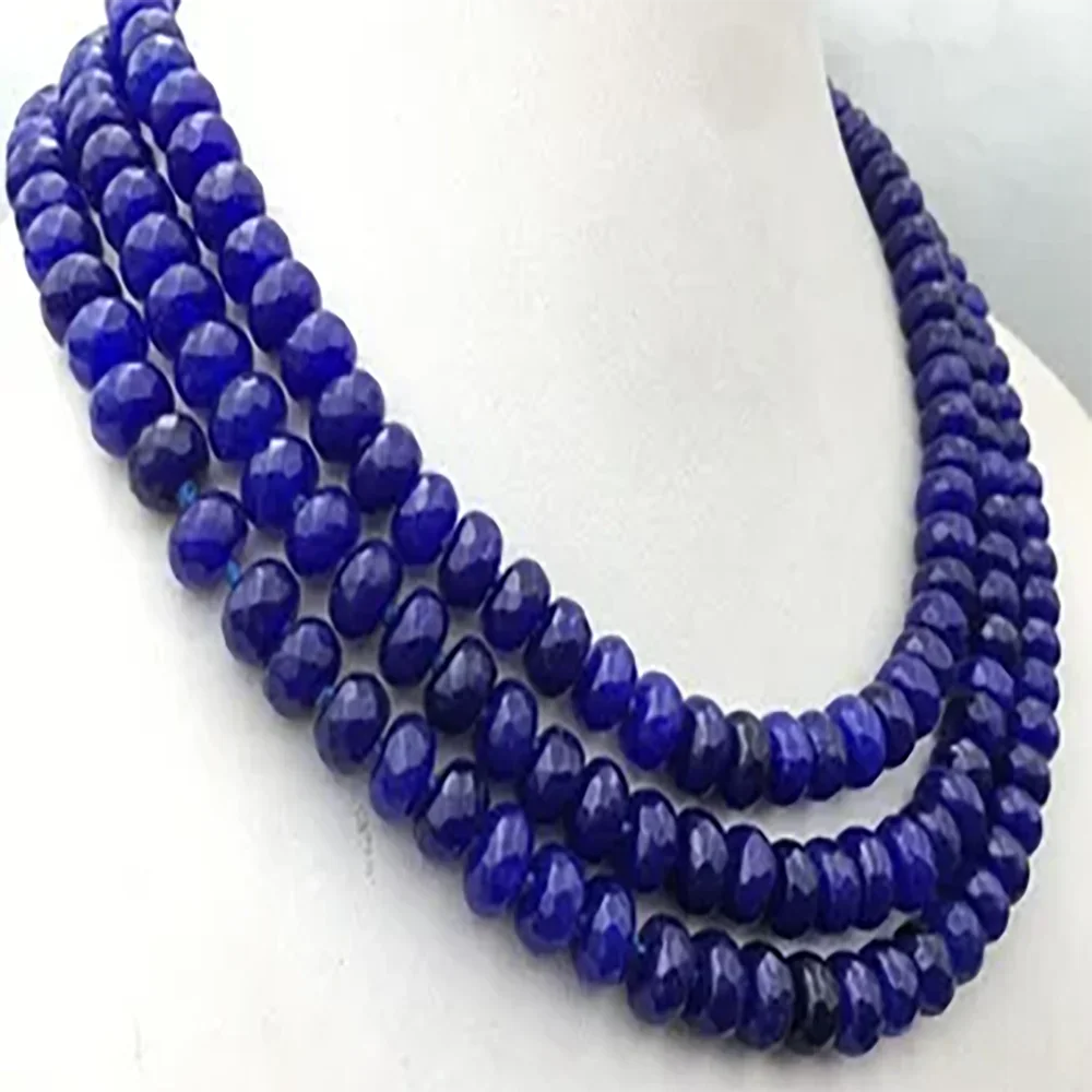 New Huge 5x8mm NATURAL Blue sapphire FACETED BEADS NECKLACE 3 Row 17-19''
