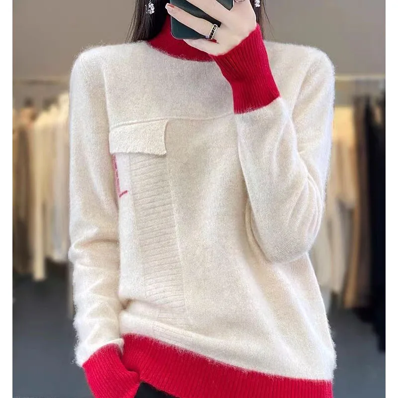 New Autumn and Winter Fashion Korean Edition Colored Half High Neck High End Loose Versatile Slim Long Sleeve Women\'s Sweater