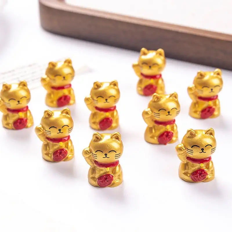 10pcs Cute Mini Wealth Lucky Gold Cat Animal Decoration Resin Craft Miniature Figure Bonsai Microlandscape Fairy Garden Decor