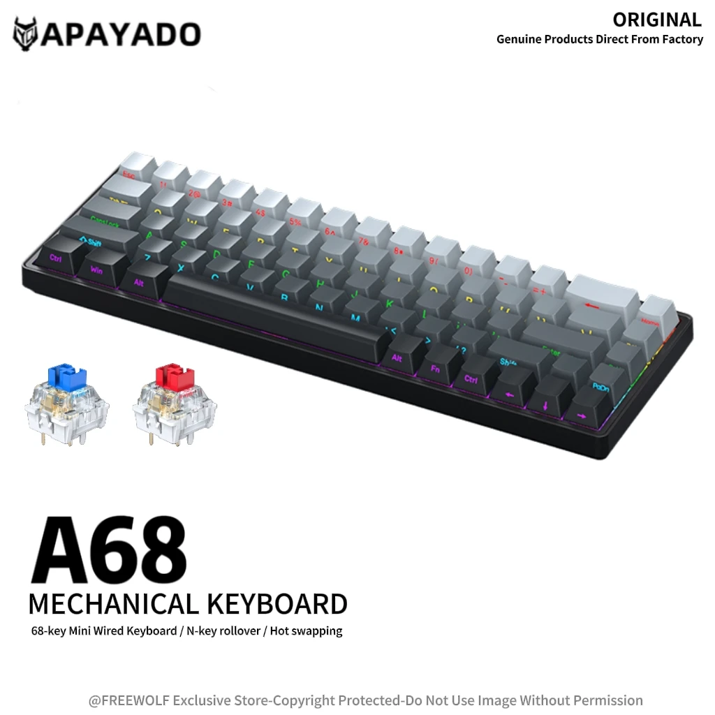 

APAYADO A68 Wired Mechanical Keyboard RGB Backlight,Fully Hot-Swappable Keys,ABS Keycaps,68-Key Keyboard for Gaming/Office Use