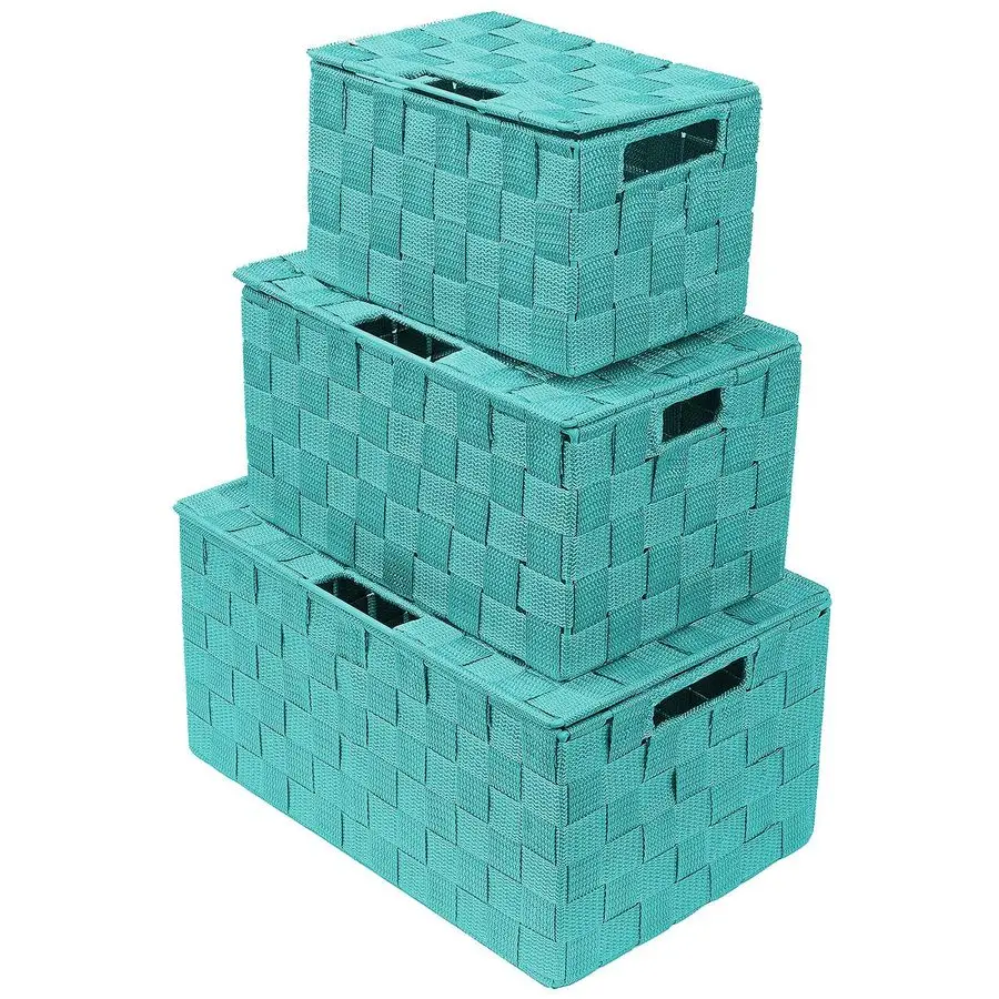 

Набор из 3-х корзин ручной работы с крышками. Декоративные плетеные органайзеры для дома, шкафа или полки цвета морской волны.