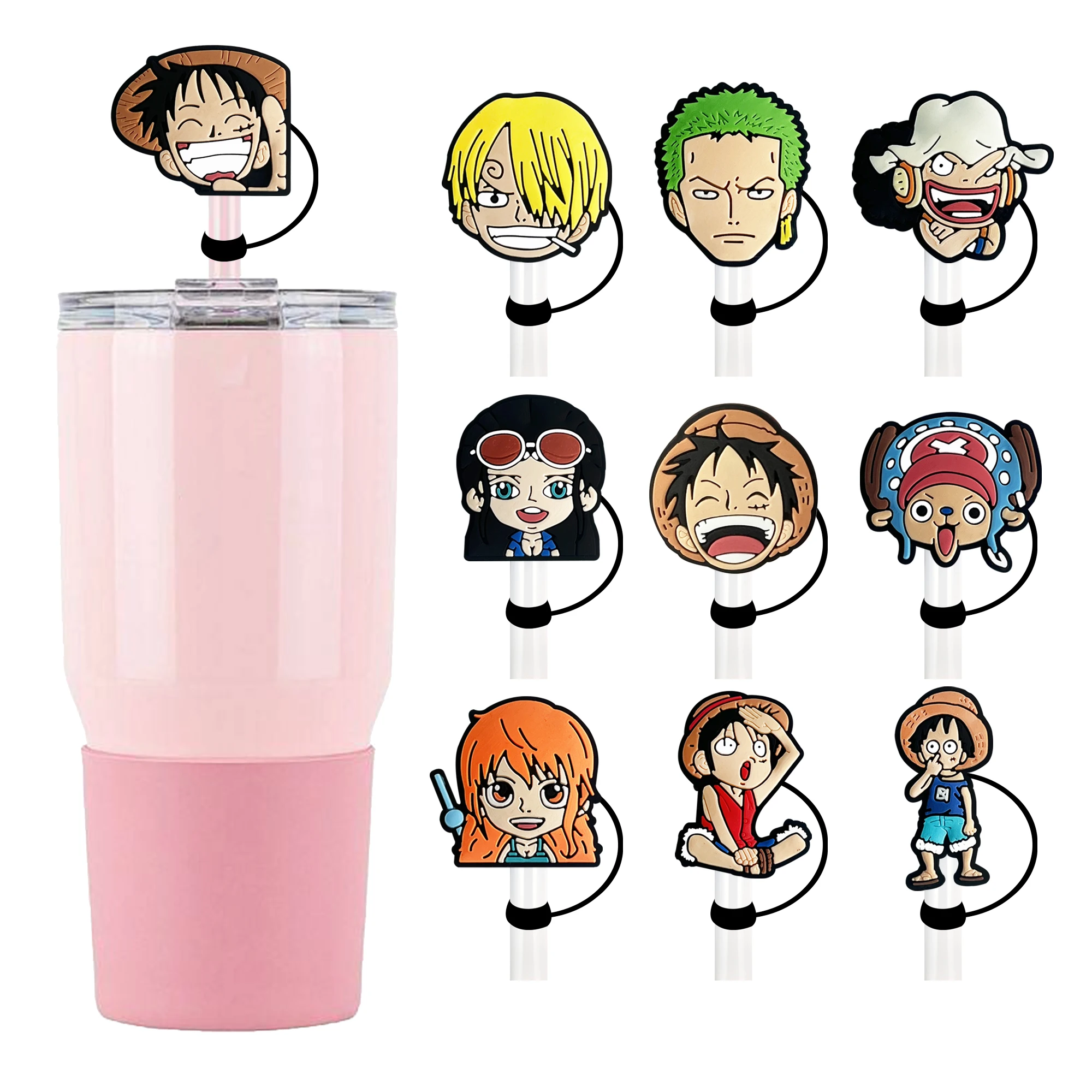 1-20Pcs Anime One Piece Silicone 10mm Straw Caps 30&40 Oz Tumbler with Handle Dust-Proof Reusableaw sleeve Straw Topper