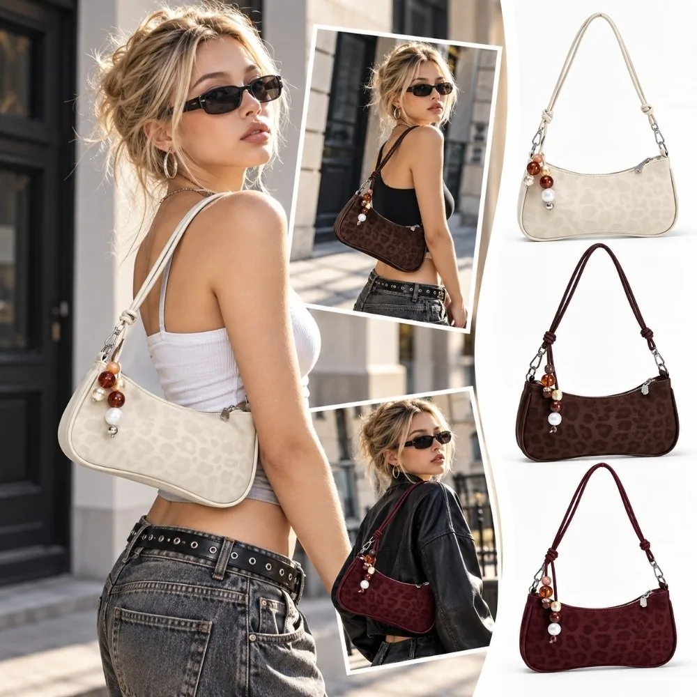 Retro Leopard Print Shoulder Bag with Beaded Pendant Large Capacity Underarm Bag Women Handbag