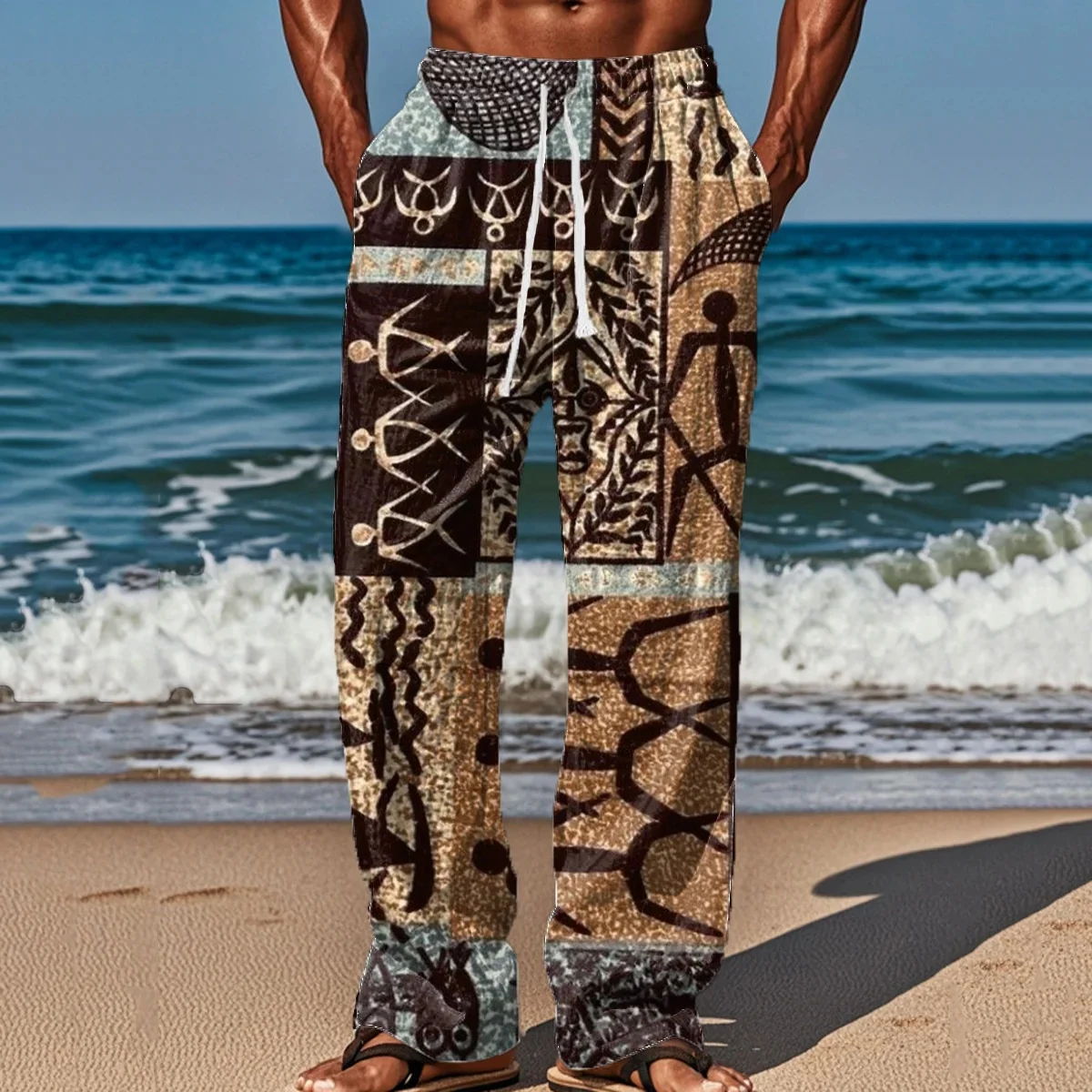 

Мужские повседневные прямые летние пляжные брюки с 3D принтом в стиле ретро в африканском стиле и абстрактной фигуре с тотемом. S-5XL
