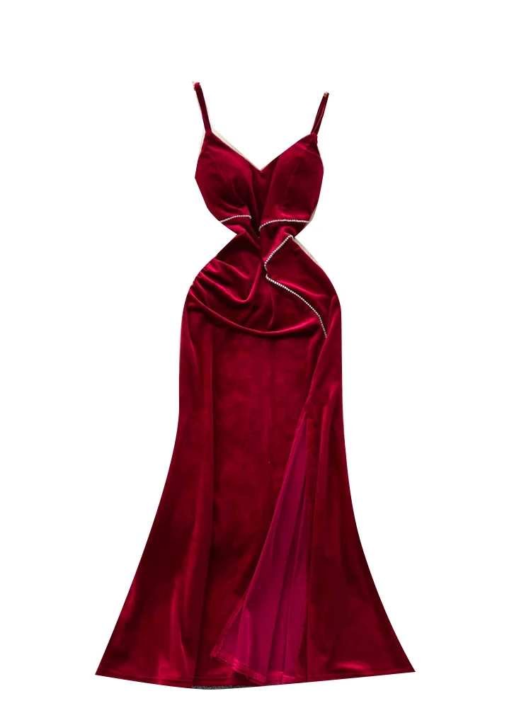 エレガントなベルベットロングドレス レディース ハイウエスト フィッシュテールガウン 重装飾ストラップ スプリットスタイル シティ通勤 韓国風
