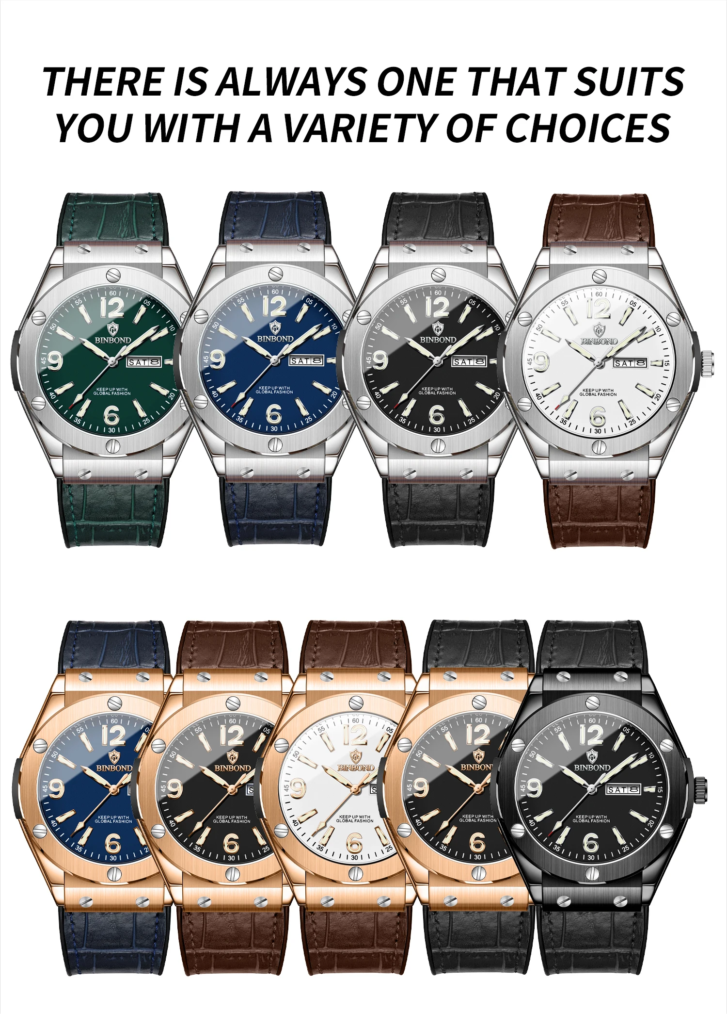 BINBOND Men's Watches Fashion Large Dial Original Quartz Watch for Man Silicone Strap Waterproof Luminous Date Week reloj