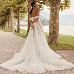 Illusion Tulle 3D Flower Applique Wedding Dress For Women A Line Pleated Sexy High Slit Bridal Dresses Off Shoulder Wedding Gown