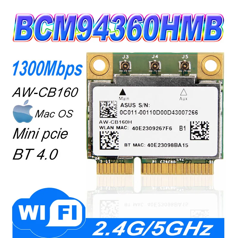 AW-CB160H Broadcom BCM94360HMB 802.11AC 1300Mbps Wireless WIFI WLAN Bluetooth 4.0 Mini PCI-E Card + 20cm MHF4 Antenna