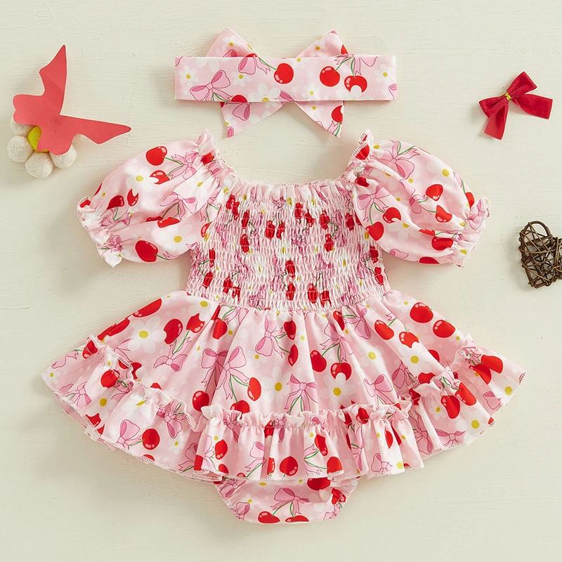 Listenwind Baby Girl Summer Romper Outfit, Puff Sleeve Off-shoulder Flower/Bow/Cherry Print A-line Romper Dress with Headband