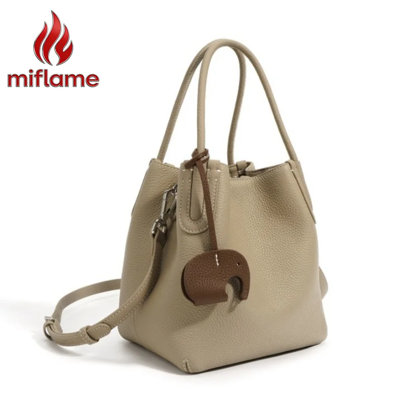 Minimalist Bucket Bag for Women Daily Work Bag Genuine Leather with Top Handle Detachable Strap Design