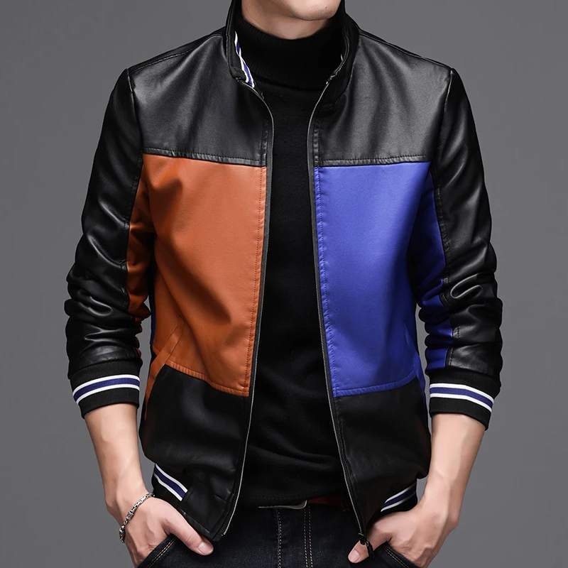 New color block PU leather jacket men's velvet warm motorcycle suit flight suit  jaqueta masculina jaqueta de couro masculino