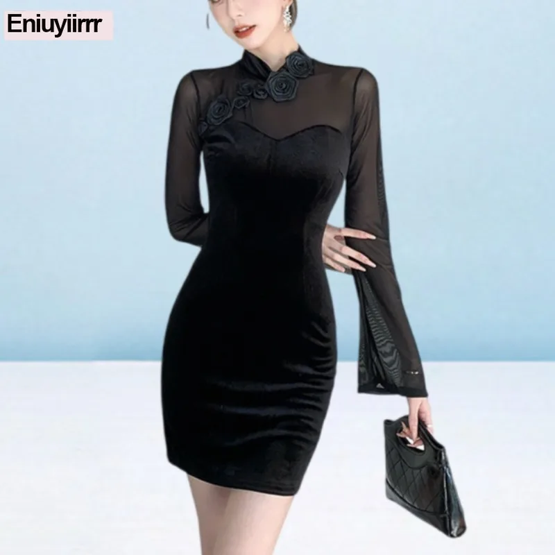 Abiti trasparenti francesi da festa sexy Hot Romantic Holiday Evening Night Stand Colletto Elegante bottone Mini Club Abito vintage retrò