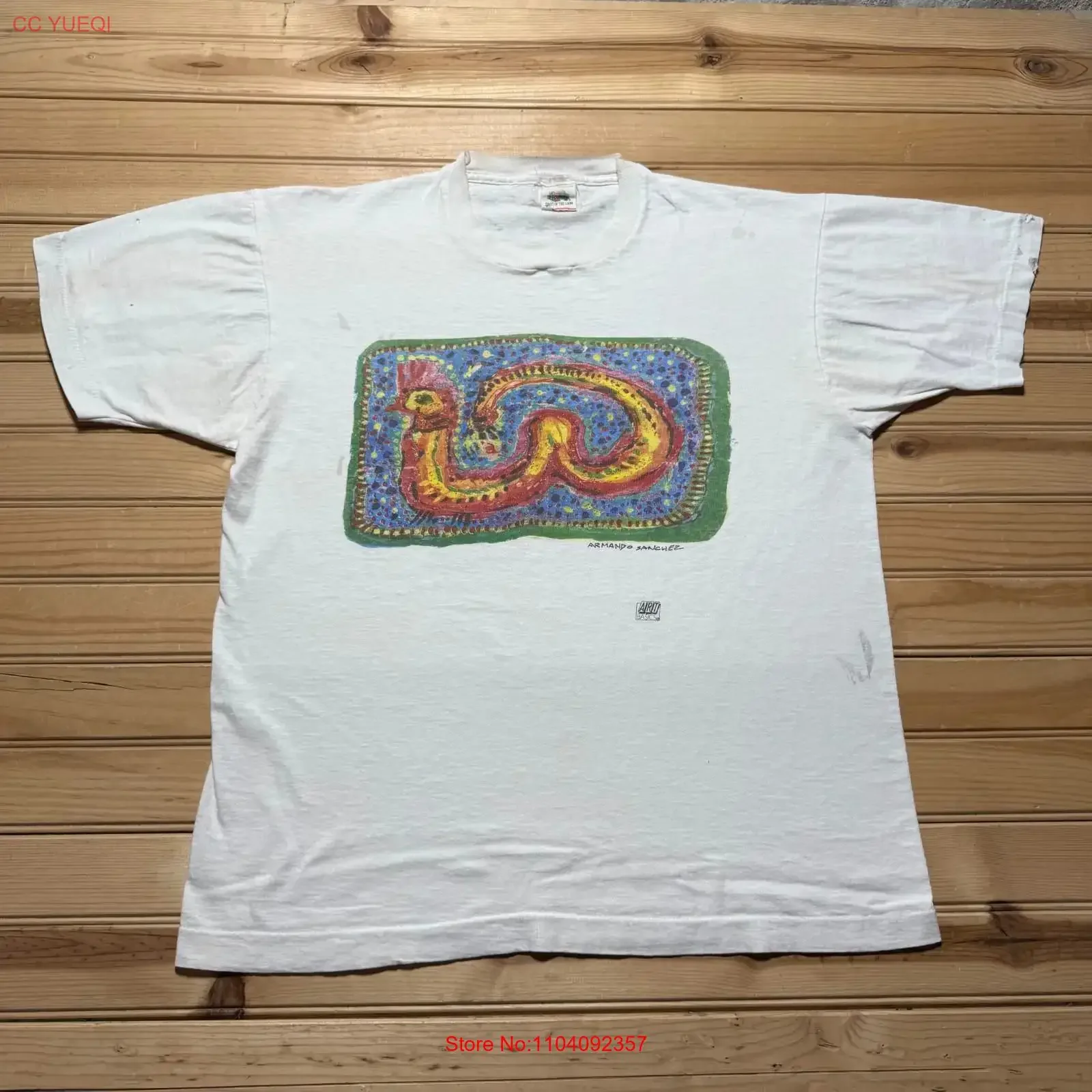 Camiseta Vintage de los 90s Armando Sanchez Folk Rooster Snake Art Basics, Fabricada en EE. UU., Talla Grande, Lavado Vintage, Unisex, Estilo Urbano, Suave