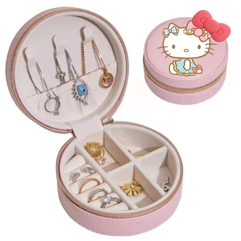 

2024 New Hello Kitty Jewelry Storage Box Sanrio Kuromi Travel Organizer Case Leather Storage Necklace Ring Display Girl Gifts