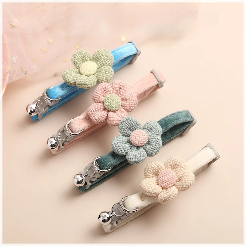 Cat Bell Collar Colorful Adjustable Sweet Cute Cartoon Pet Collar Sun Flower Bowtie Soft Polyester Small Dog Cat Necklace