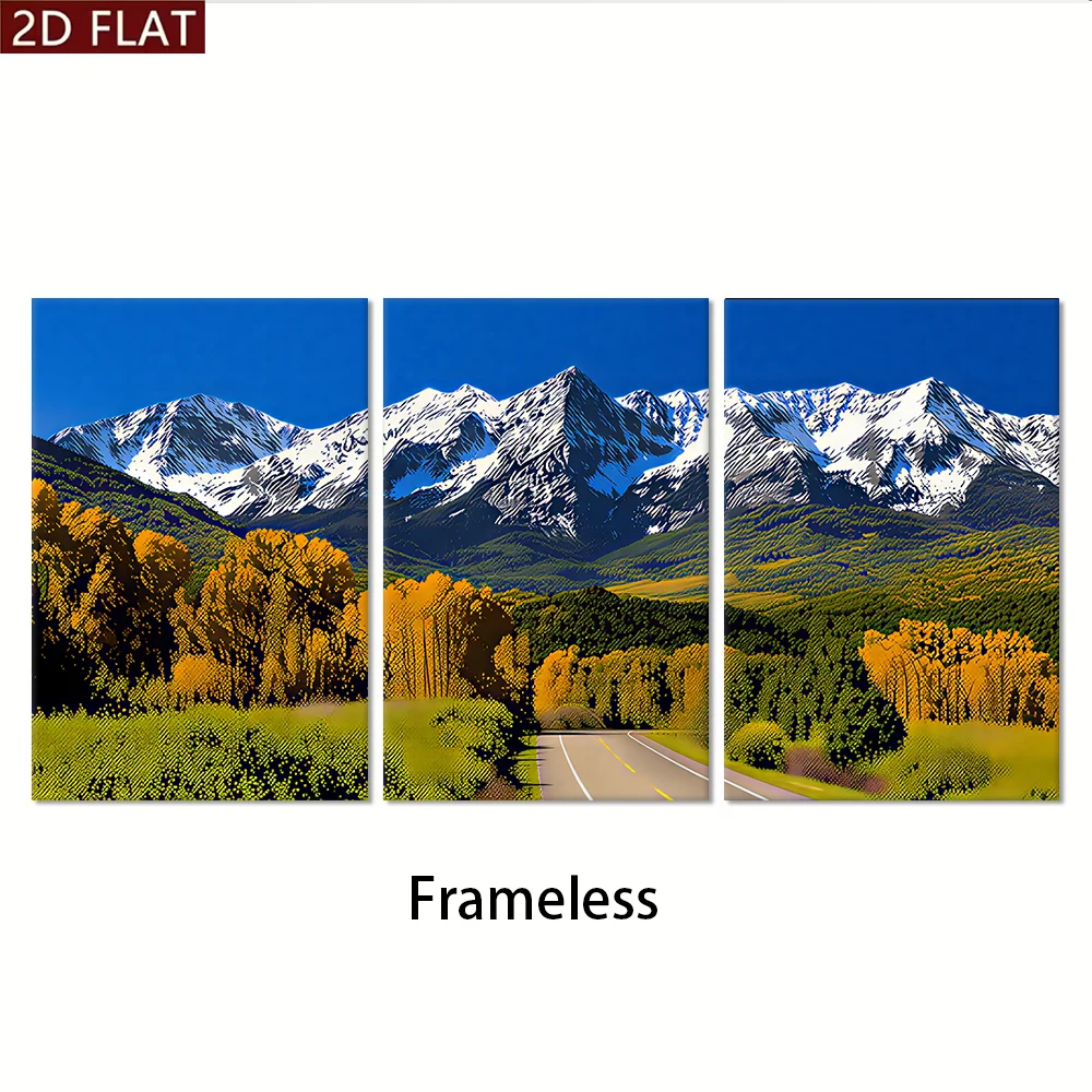 1 set of triptych frameless decorative paintings with magnificent snow mountains and autumn forests as the theme 2D plan