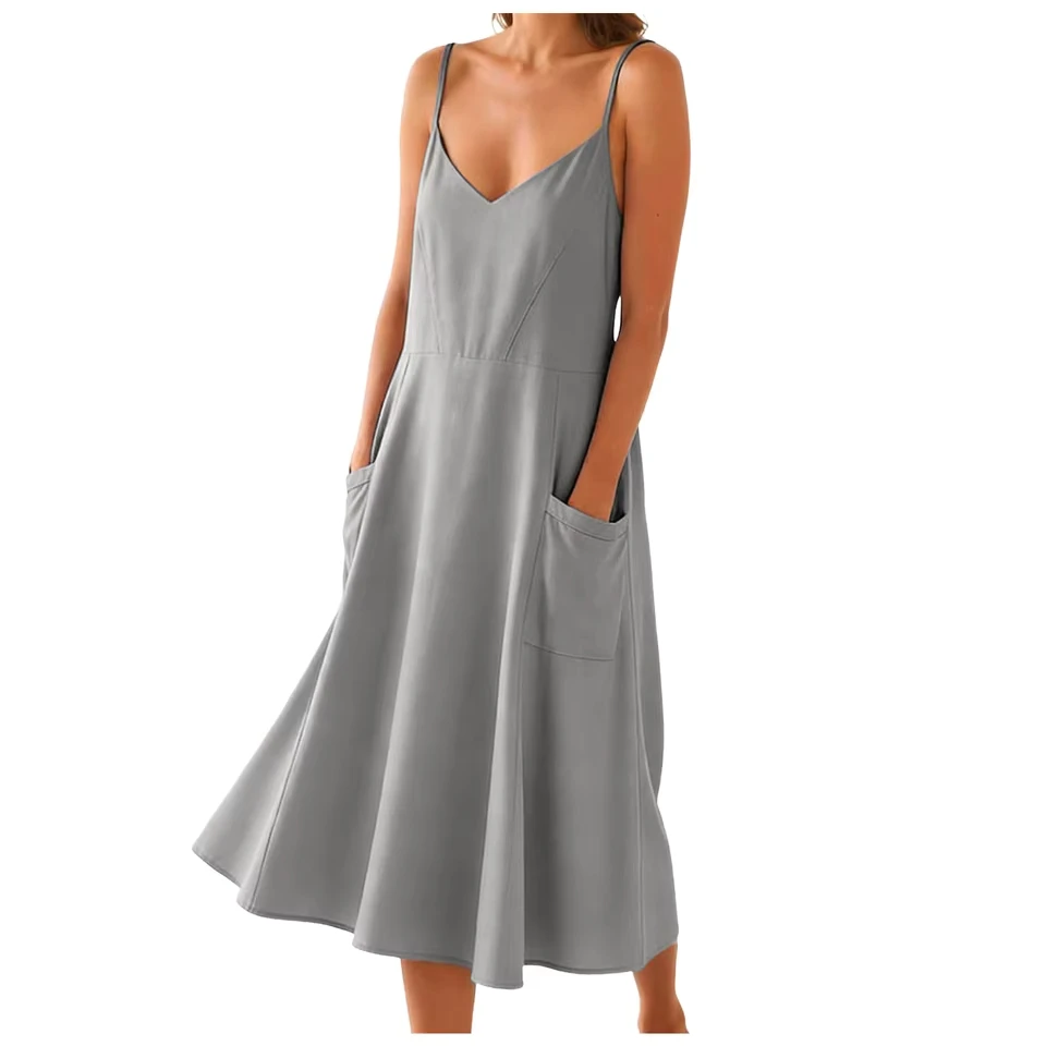 

Backless Dresses For Women Linen Sleeveless Open Back Dress Spaghetti Strap Flowy Long With Pockets Elegant Casual Dresses
