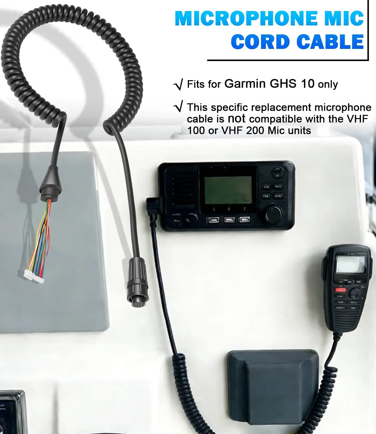 TML GHS 10 Replacement Microphone Mic Cord Cable for Garmin, Coiled Handset Mic Cable Marine Radio Accessory