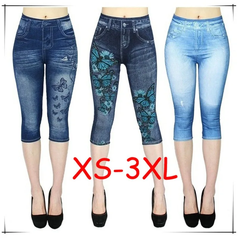 Women Print Imitation Denim Leggings Skinny Stretchy Cropped Pants Outdoor Jogging Walking Fashion High Waist Leggings