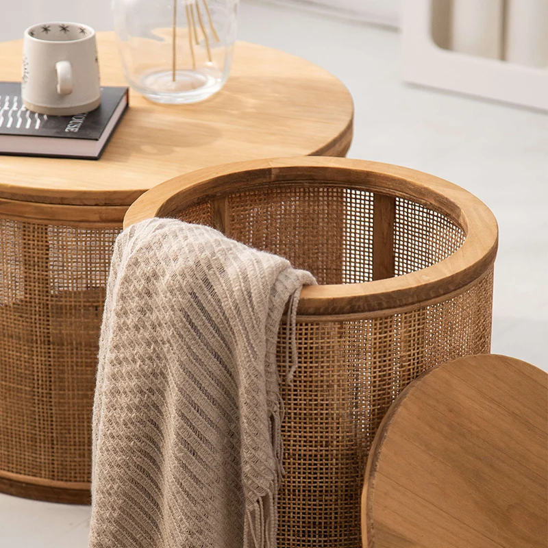 Japanese Round Coffee Table Living Room Rattan Woven Side Table Clamshell Storage Room Desks Multi-functional Home Furniture