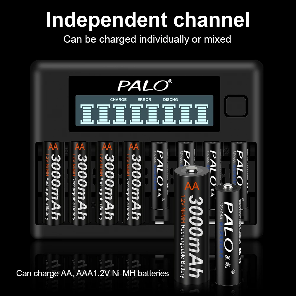 PALO 8 Slots 1.2V AA AAA Battery Charger LCD Smart USB Fast Charger For 1.2V AA AAA 2A 3A NI-MH NI-CD Rechargeable Battery