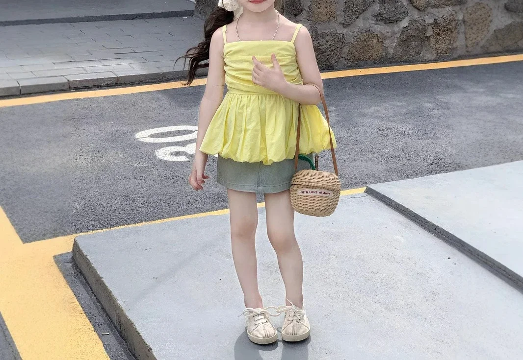 

Girls' 2025 Summer New Children's Clothing Pleated Strapless Camisole Sweet Floral Bud Top